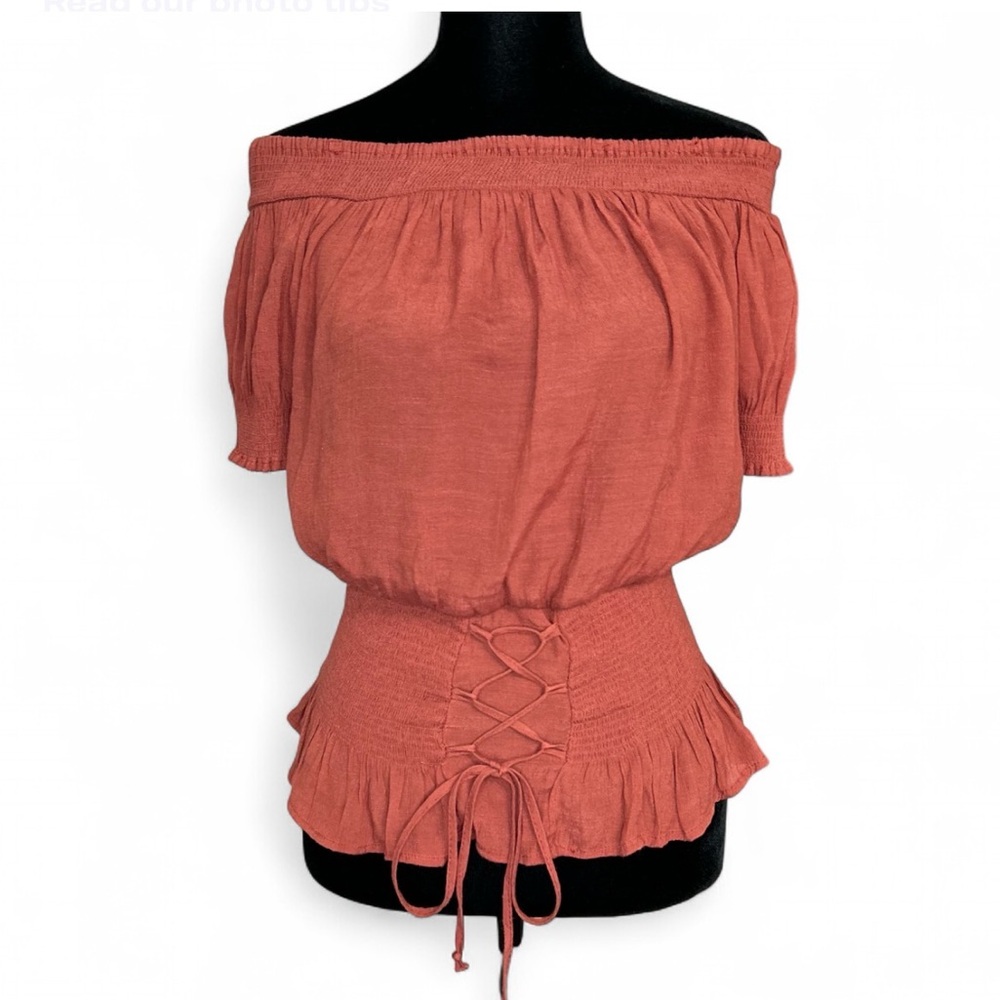 CRESCENT Off-Shoulder Rust Top L Short Sleeves Lace Up Tight Waist Ruffle Hem.